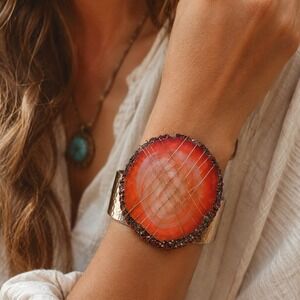 Handcrafted Red Agate Stone Wire Wrapped Cuff Bracelet Boho Statement